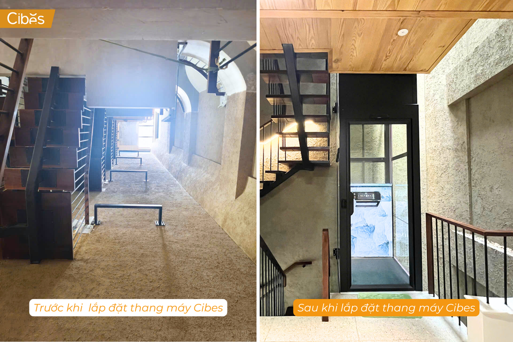 trước và sau khi lắp đặt thang máy lồng kính Cibes